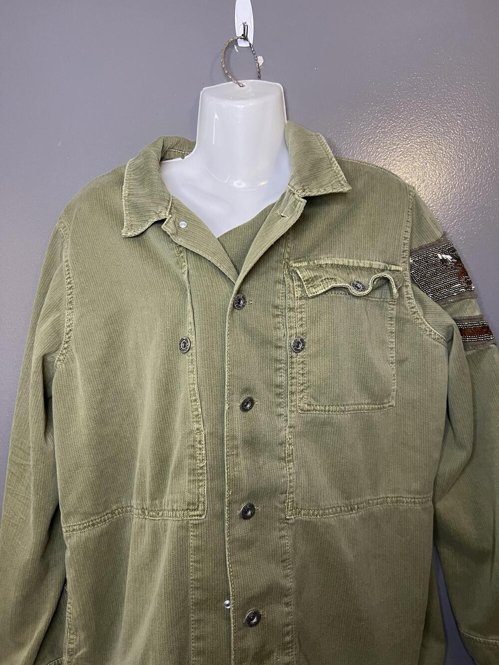 Free People Military Jacket Womens Large Green Corduroy Beaded Patch Sleeve